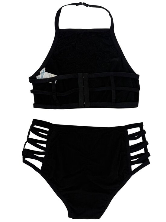 I Heart Raves 2 Piece Black Holographic Caged Halter Top & Bottoms Set| Festival - Picture 10 of 16